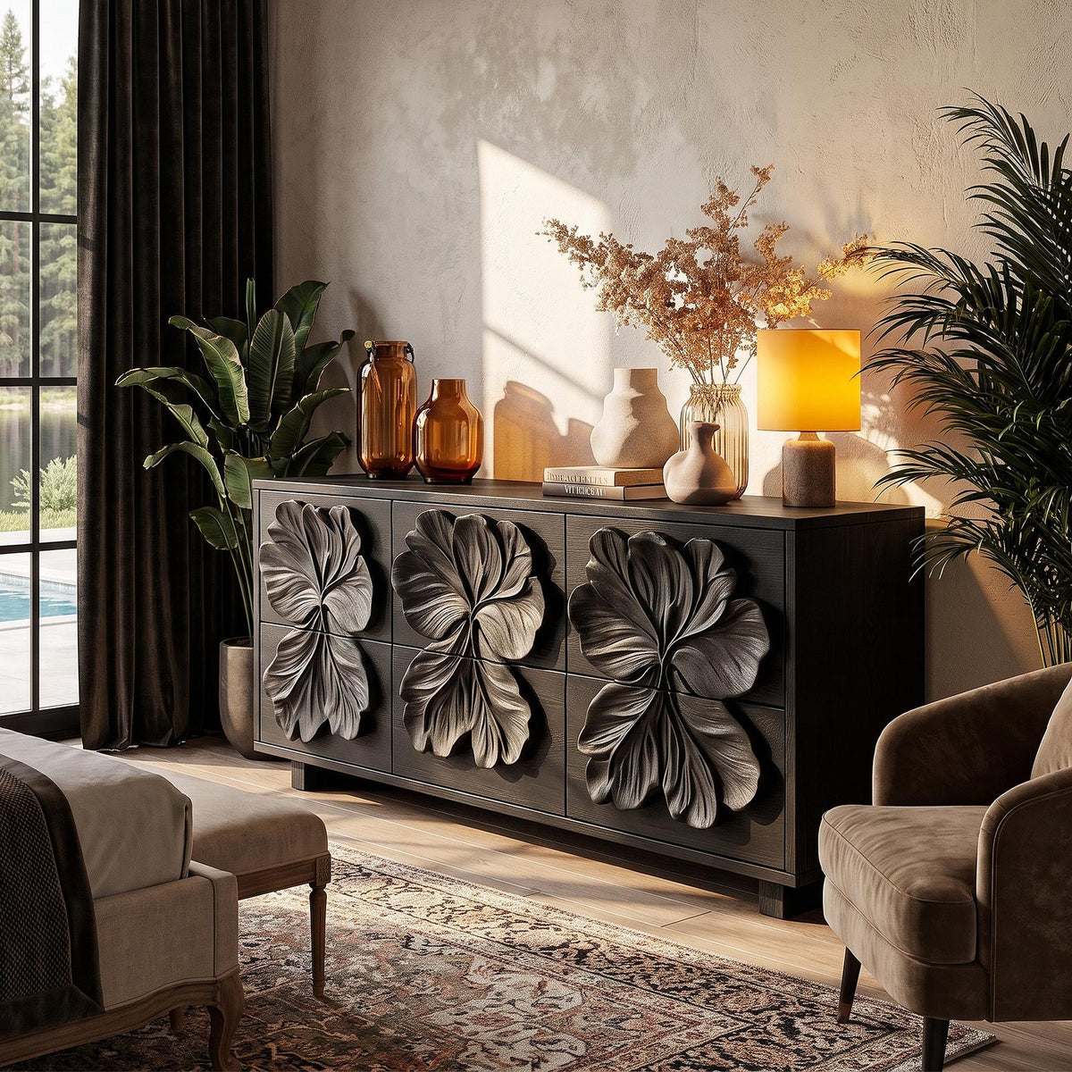Rustic Bedroom Dresser With Hand Carved Floral Drawer Fronts And Natural Form For Bedroom