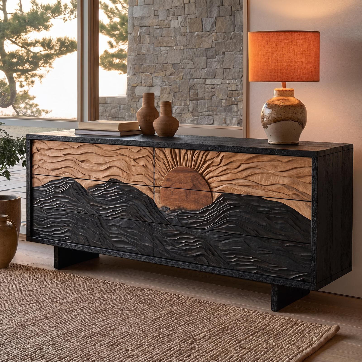 Modern Black Dresser With Mountain Landscape Carved Front For Bedroom