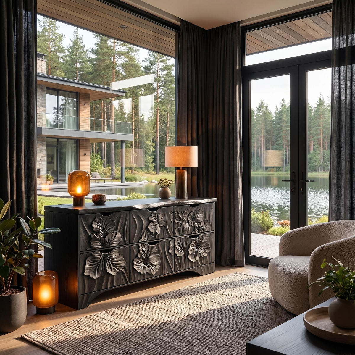 Organic Bedroom Dresser With Flowing Leaf Carved Design For Bedroom