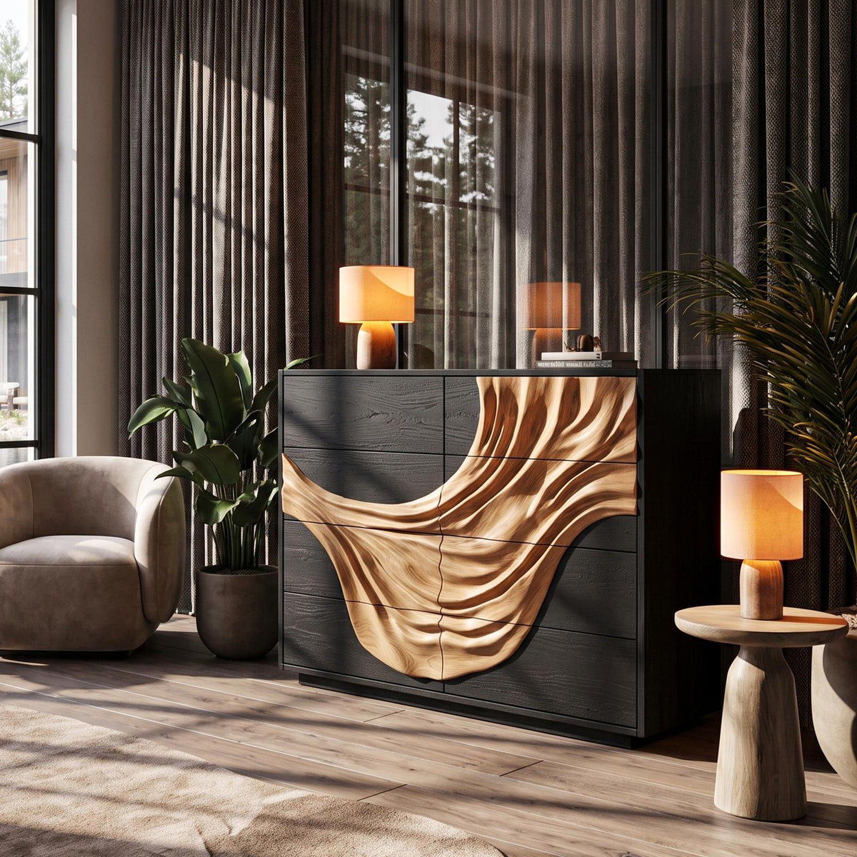 Contemporary Black Dresser With Strong Linear Detailing For Bedroom