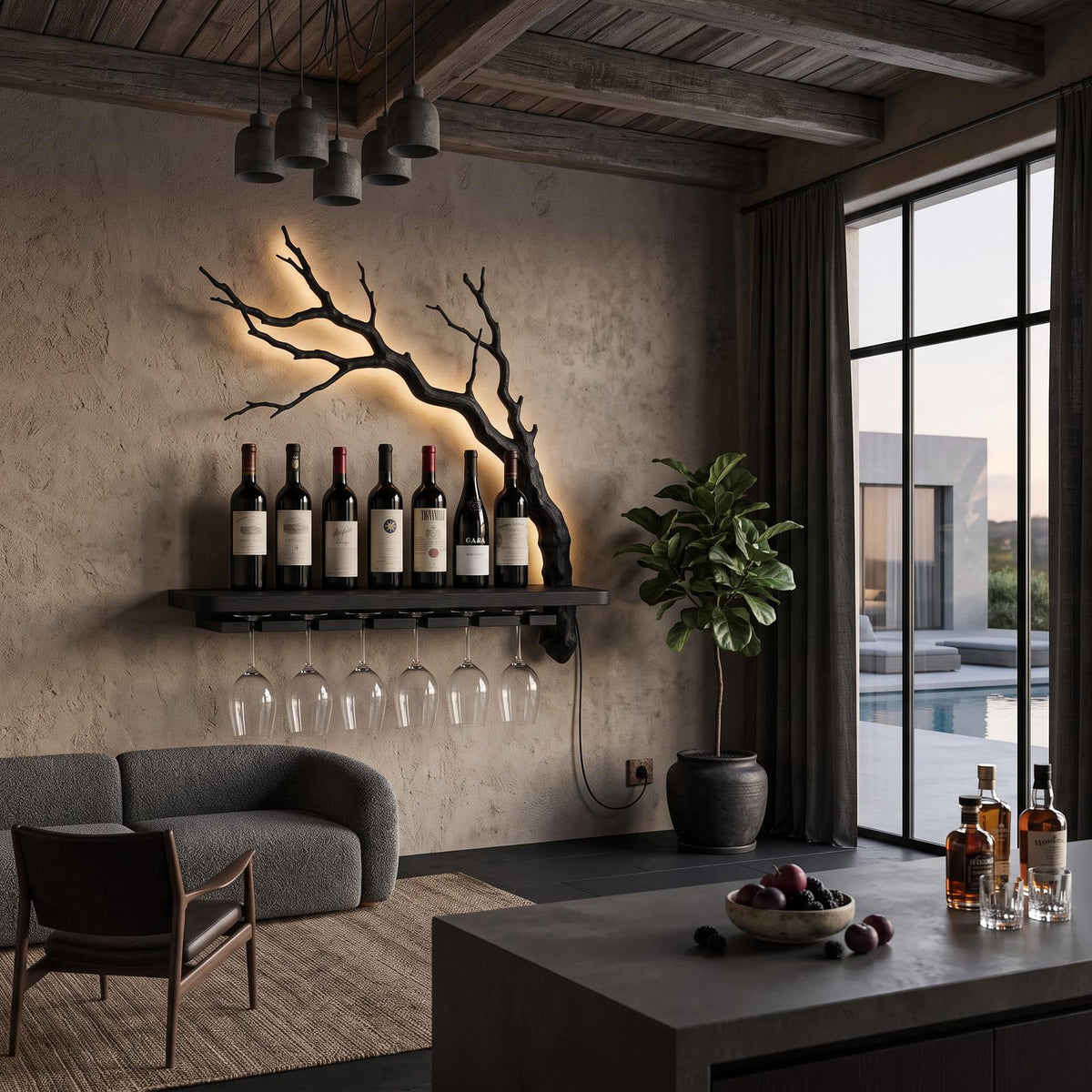 Rustic Wall Mounted Wine Rack With Wine Glass Holder For Dining Room And Home Bar