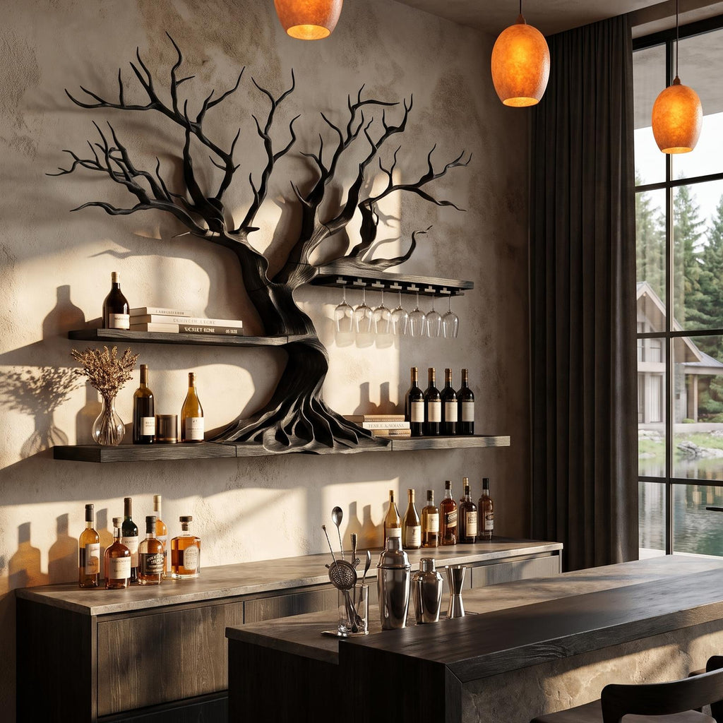 Modern Wooden Wine Rack With Sculptural Tree Frame For Kitchen And Dining Room