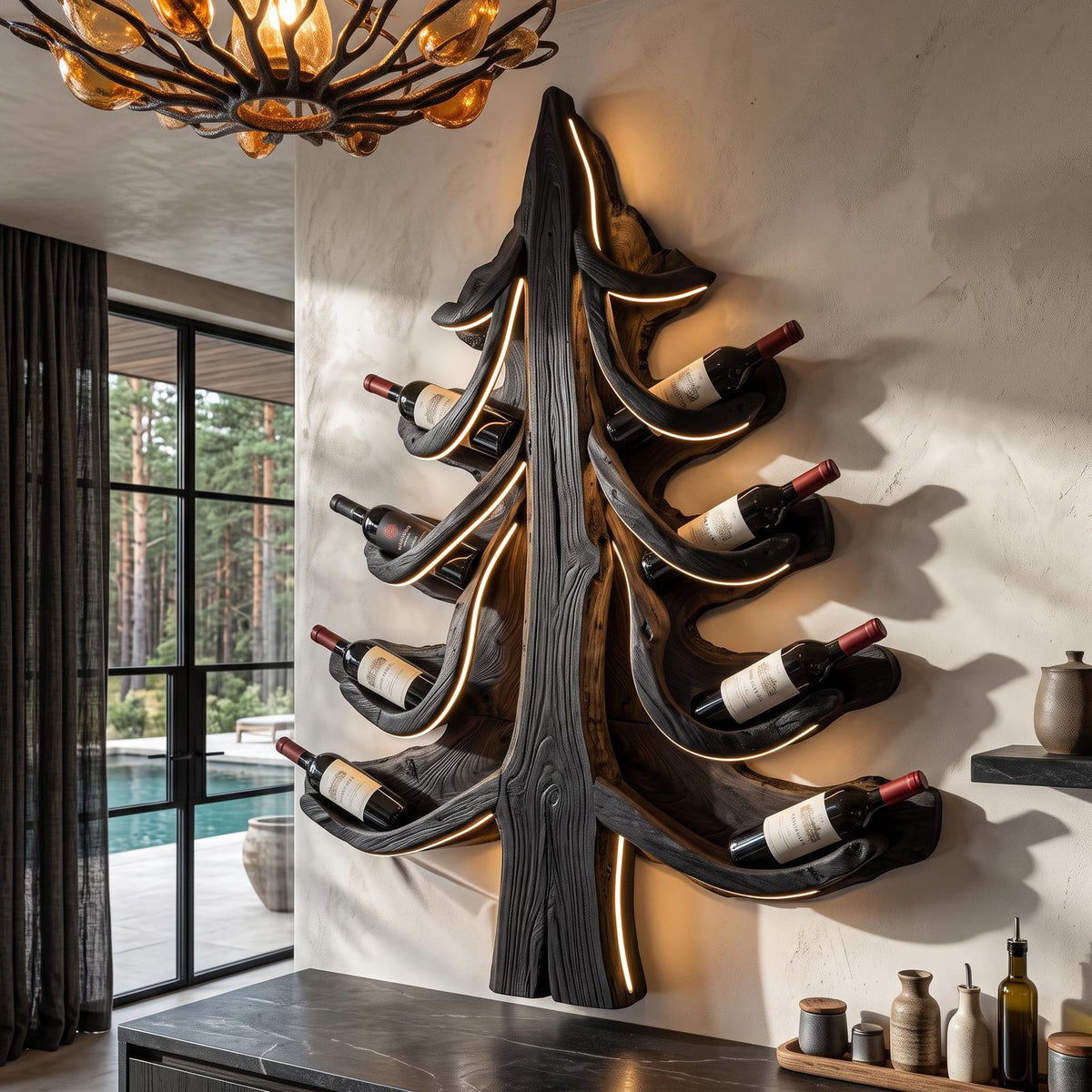 Modern Wine Display Rack With Sculptural Pine Tree Design For Home Bar