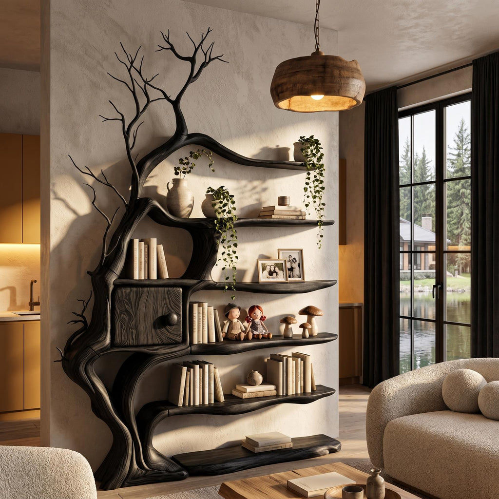Modern Tree Bookshelf With Integrated Storage Cabinet For Living Room