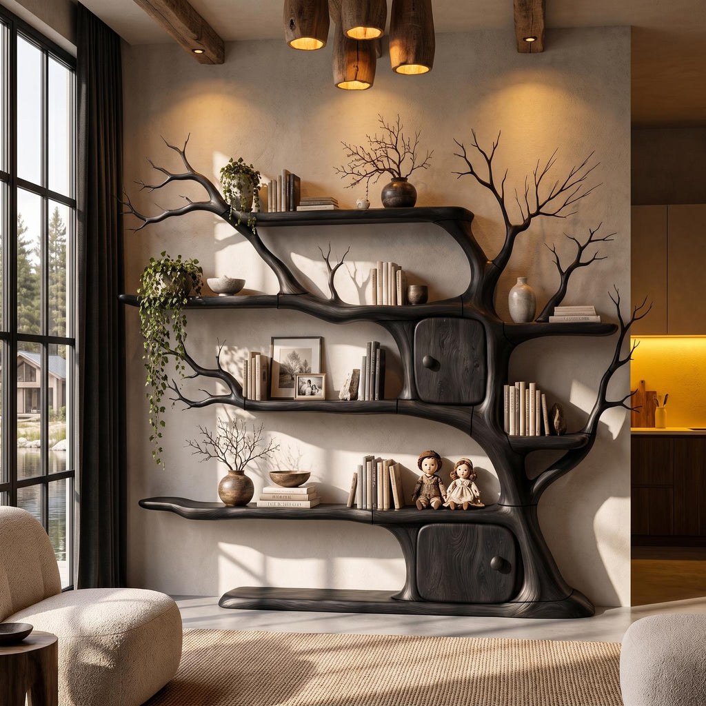 Rustic Wall Mounted Tree Bookshelf With Trunk Inspired Cabinet For Reading Room