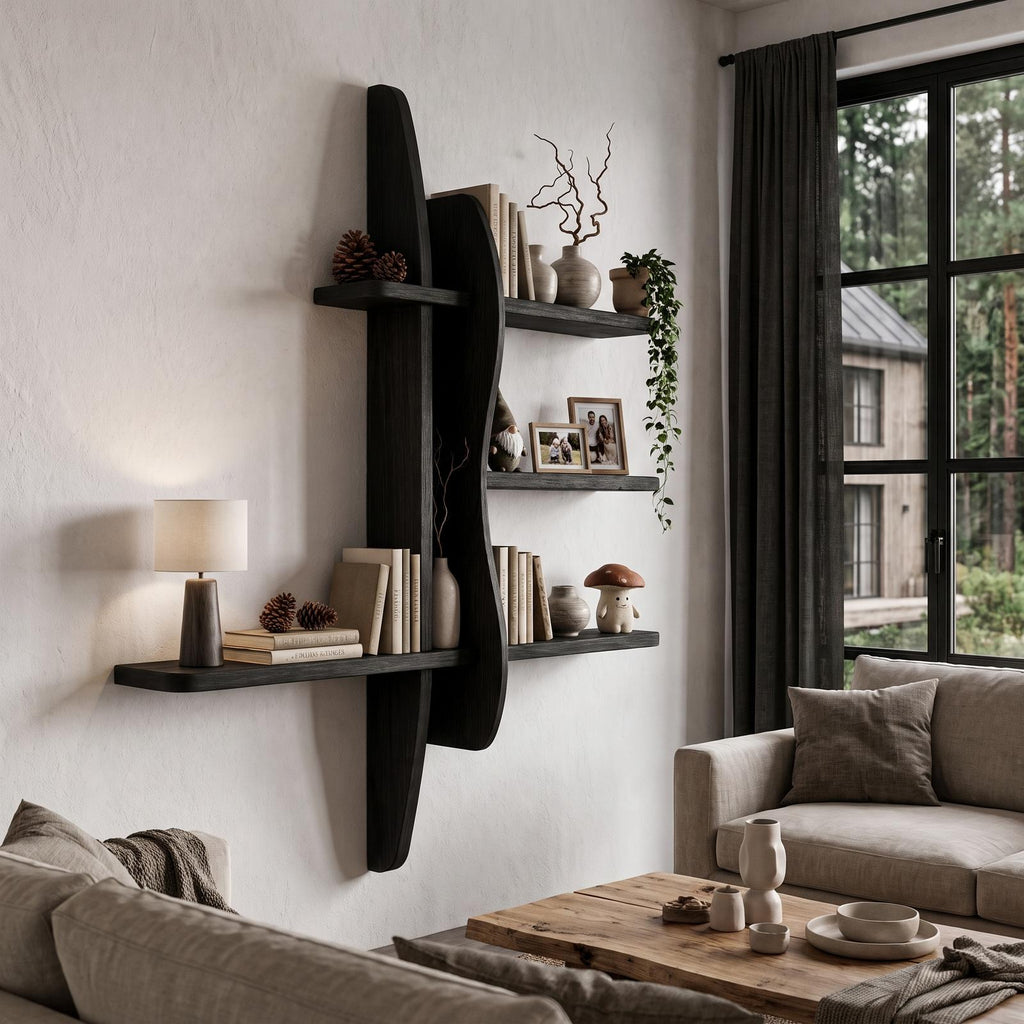 Modern Wall Bookshelf With Asymmetrical Open Shelves For Living Room