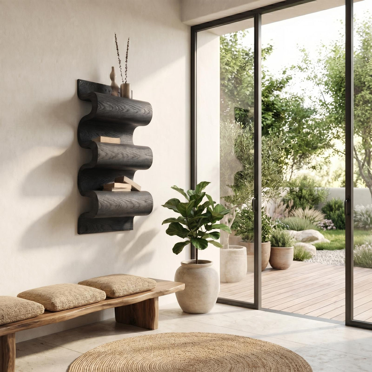 Unique Sculptural Wall Bookshelf, Floating Solid Wood Wave Display Shelf for Living Room & Bedroom