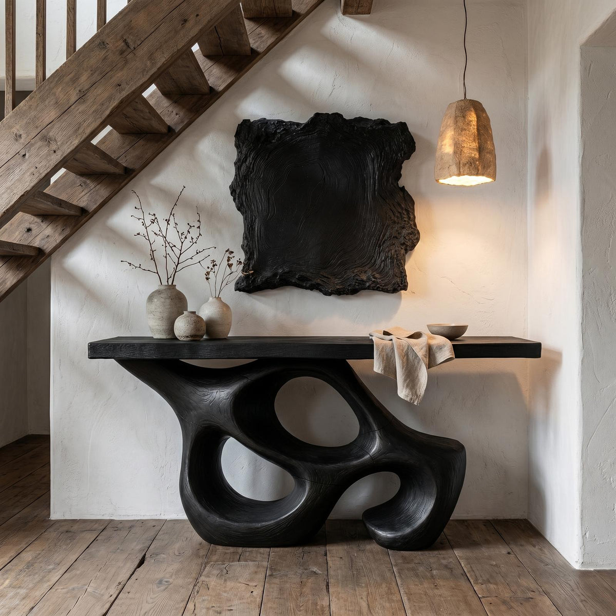 Spry Interior Artistic Sculptural Console Table, Abstract Hollow Wood Base Entryway Table for Living Room, SINLHACS579