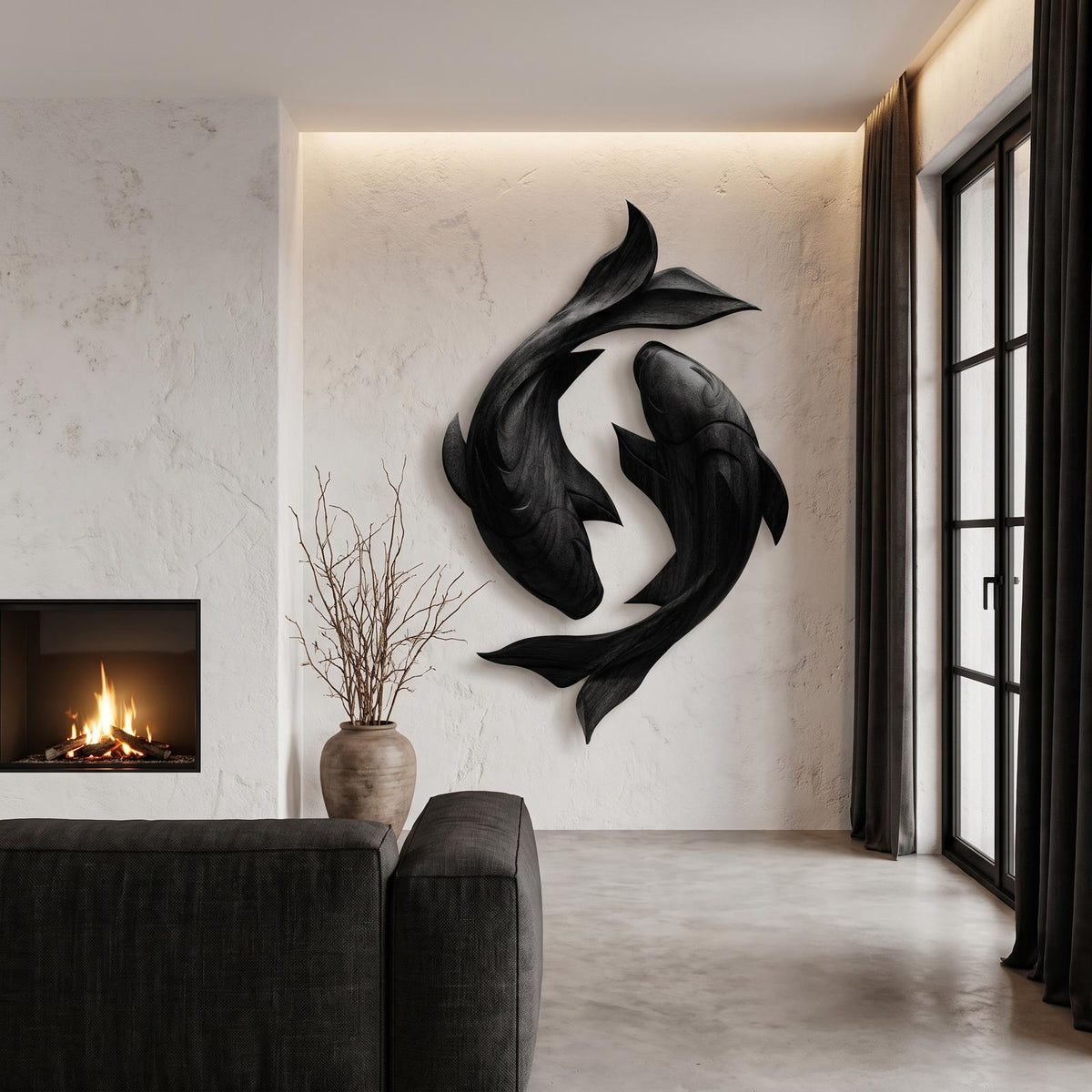 Contemporary Wood Wall Sculpture With Carved Koi Fish Design For Living Room And Office SINLHAWA143