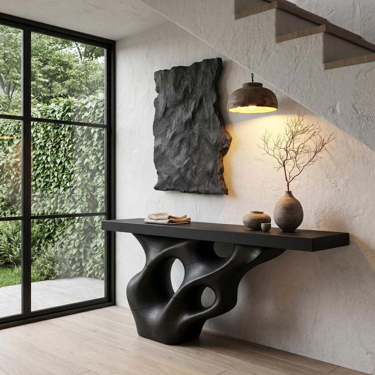 Spry Interior Live Edge Console Table, Sculptural Solid Wood Structure Entryway Foyer Sofa Table, SINLHACS580