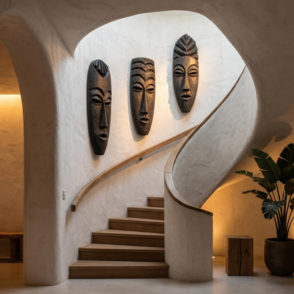 Tribal Wooden Wall Art Set, Hand-Carved African Mask Design Wooden Plaque for Entryway & Living Room