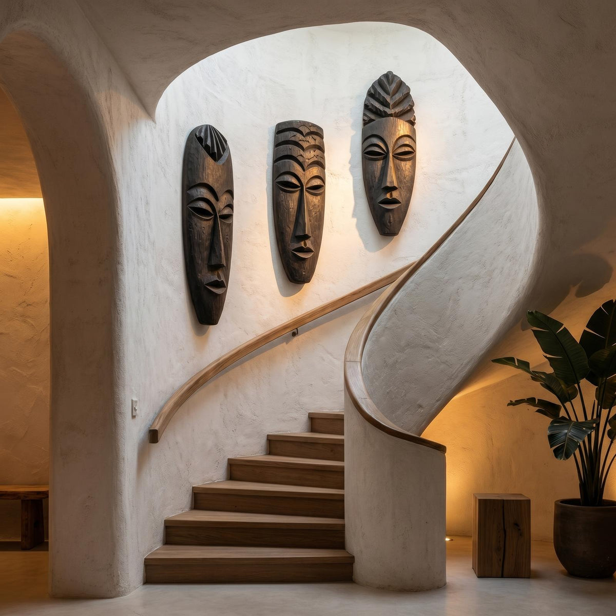 Tribal Wooden Wall Art Set, Hand-Carved African Mask Design Wooden Plaque for Entryway & Living Room