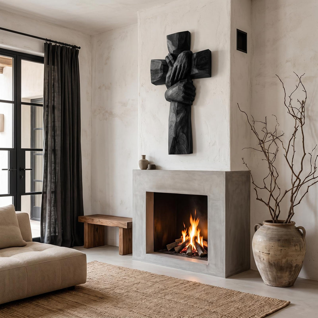 Rustic Wood Cross Wall Art With Praying Hands Design For Living Room And Prayer Room