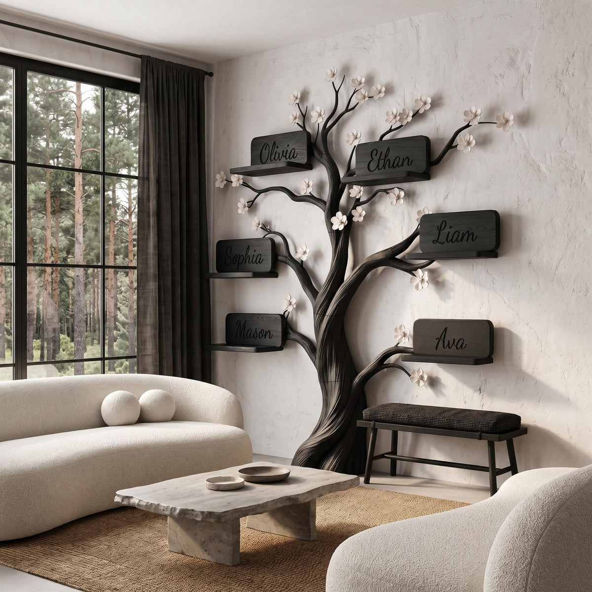 Natural Custom Family Tree Shelf With Heart Name Plaques For Living Room And Entryway