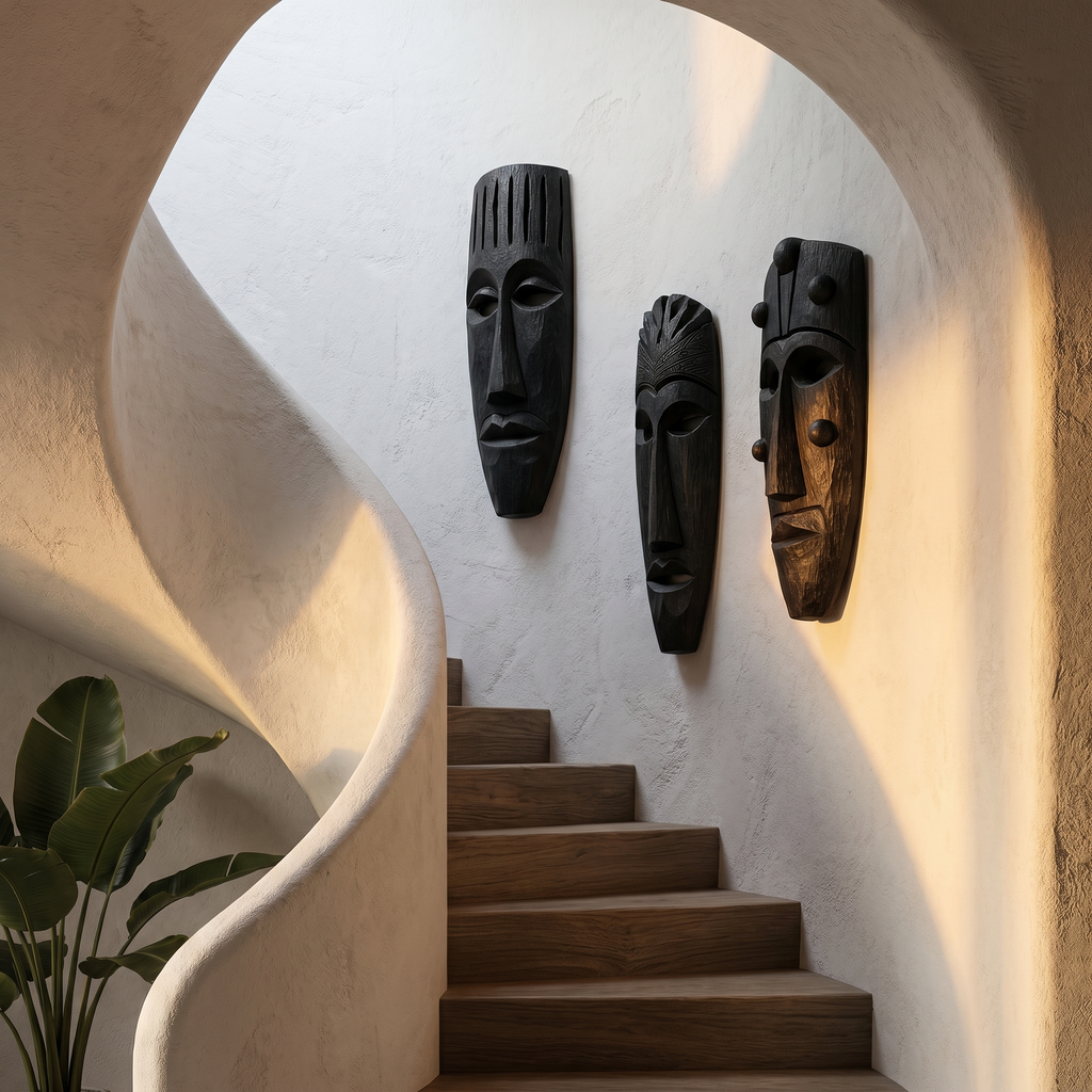 Hand-Carved Wooden Wall Art Set, Tribal Mask Decorative Wood Hanging Sculptures for Living Room & Entryway