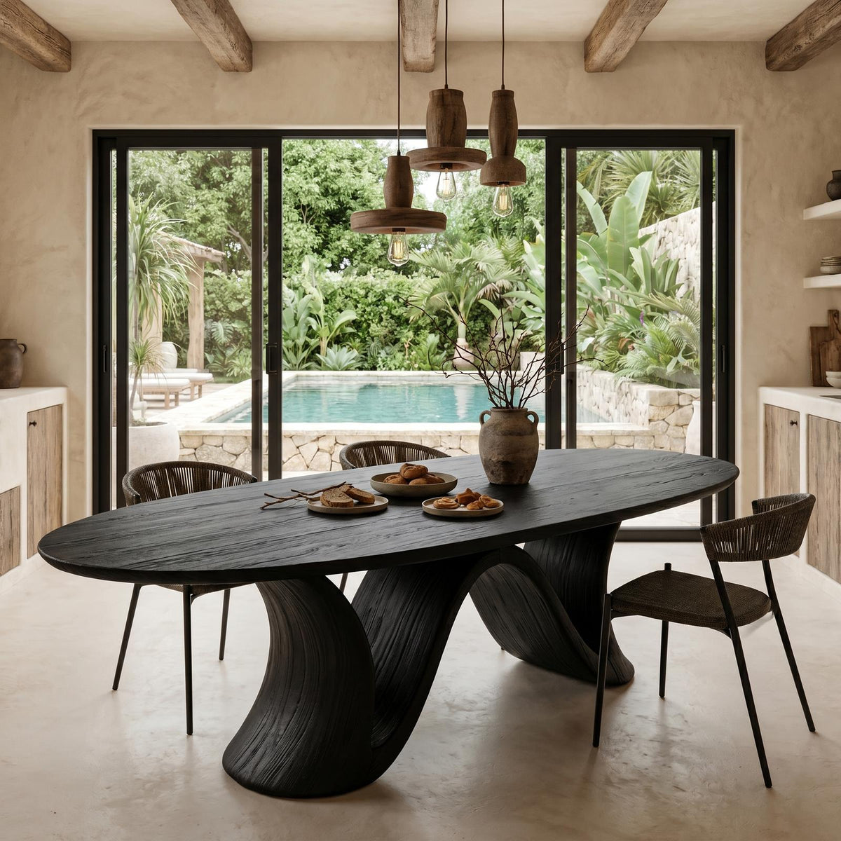 Organic Modern Round Dining Table, Handcrafted Solid Wood Pedestal Table for Dining Room & Kitchen