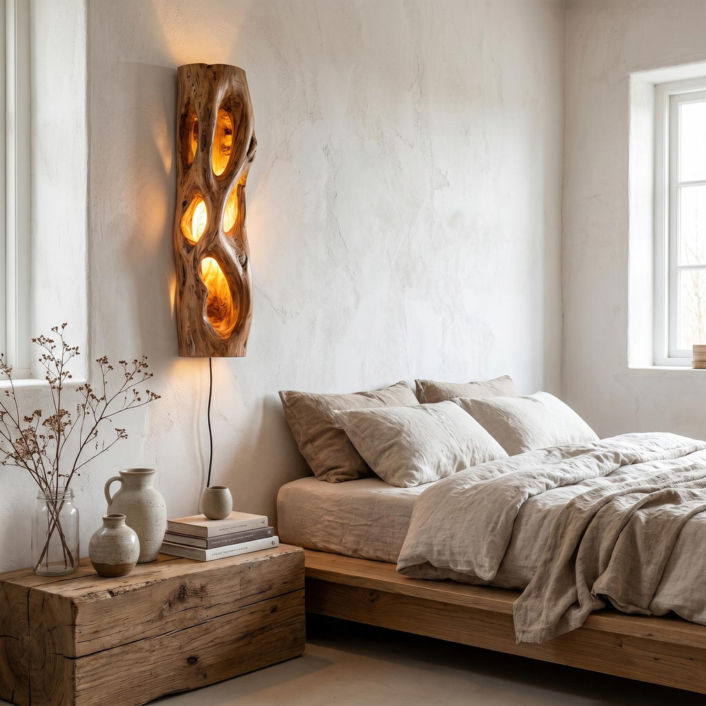 Sculptural Natural Wood Wall Sconce, Unique Handcrafted Solid Wood Wall Mounted LED Light for Living Room, Model