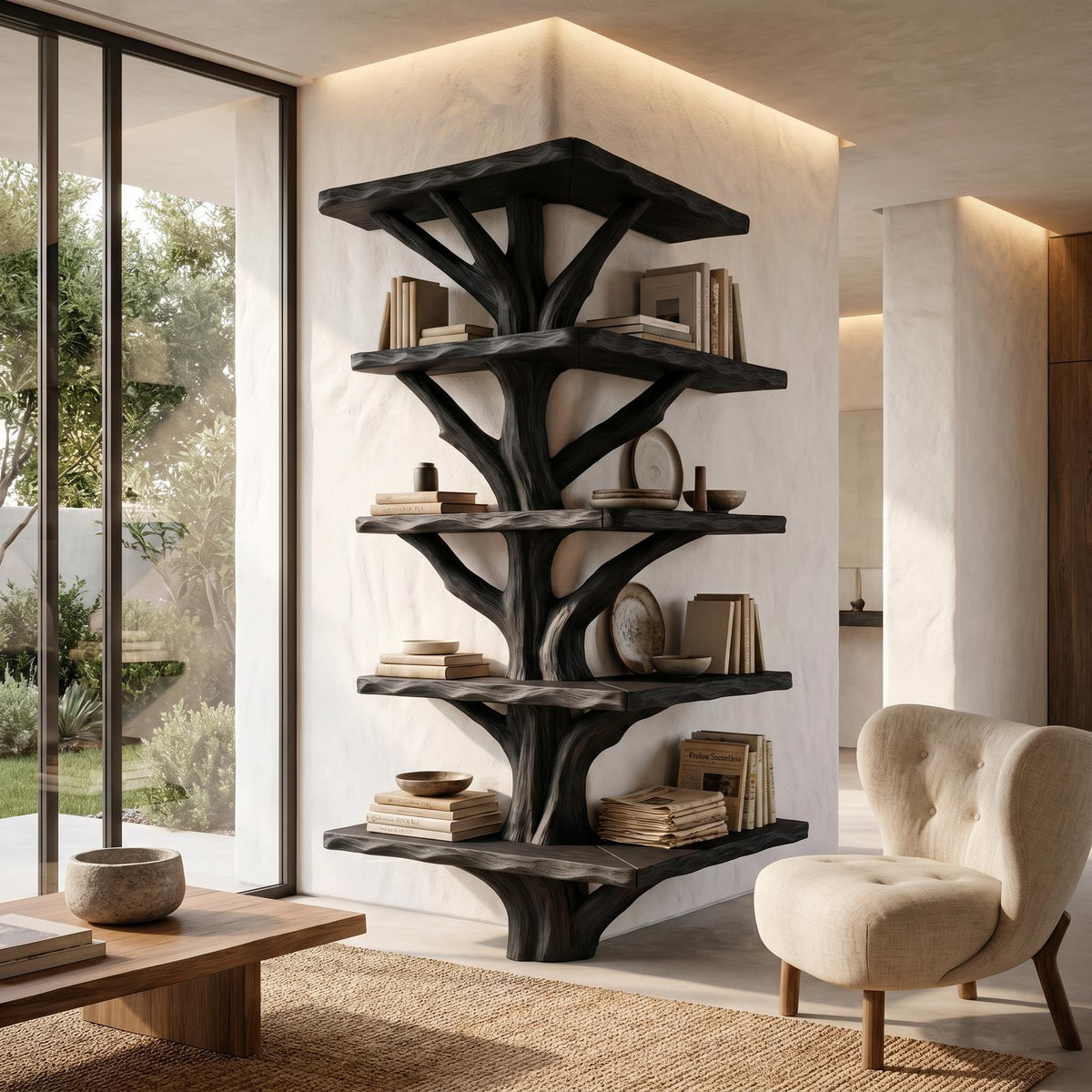 Organic Modern Tree Bookcase, Artistic Branch Solid Wood Storage Rack for Home Office & Study Room