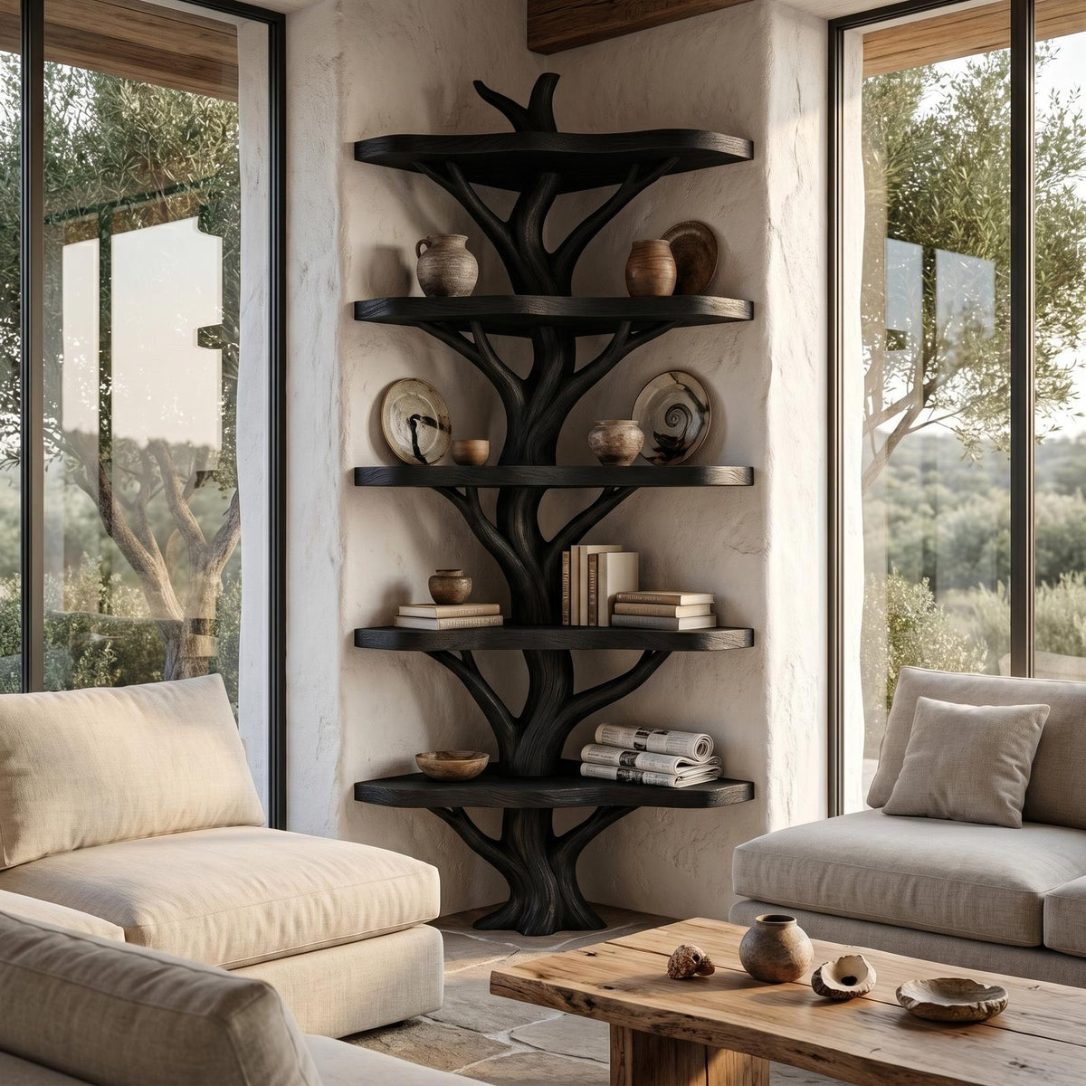 Sculptural Tree Bookshelf, Handcrafted Solid Wood Multi-Tier Open Shelving Unit for Cozy Reading Corner