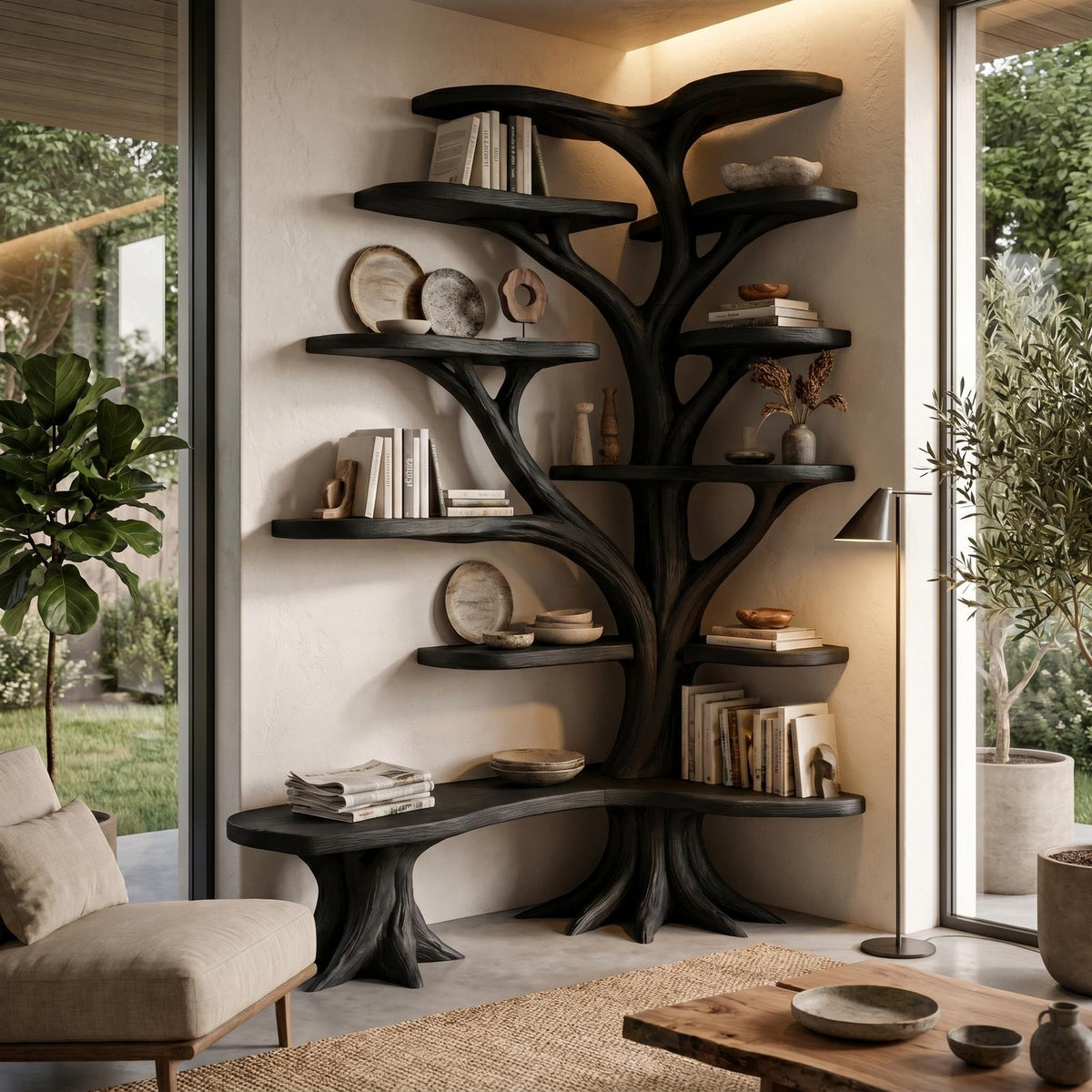 Organic Tree Bookshelf, Sculptural Branch Design Solid Wood Multi-Tier Display Rack for Living Room