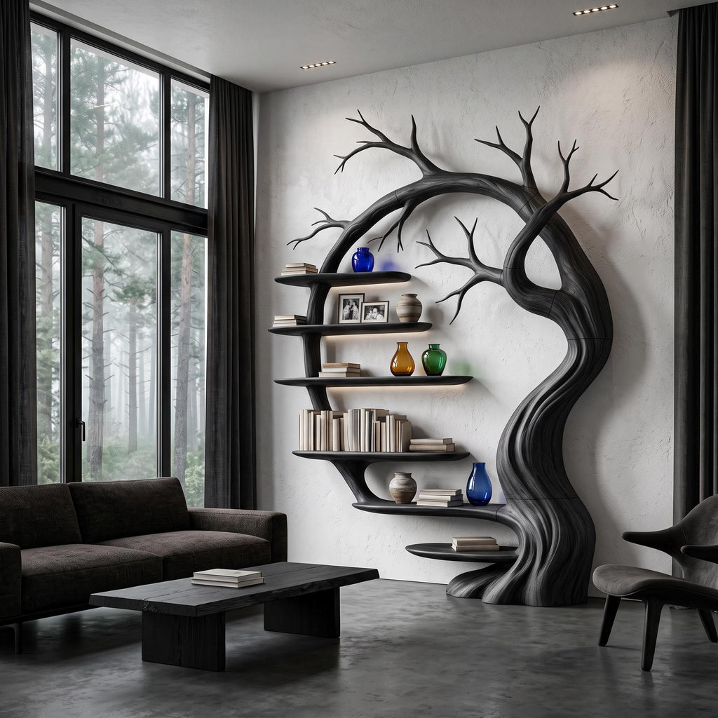 Rustic Tree Bookshelf With Sculptural Tree Branch Design For Living Room And Home Office