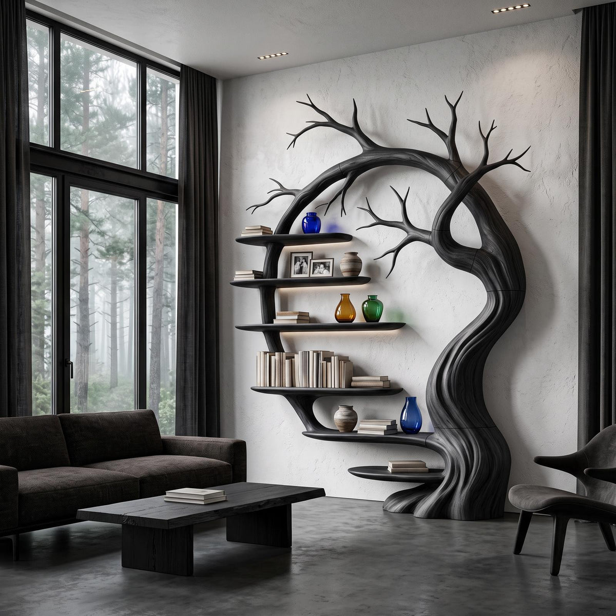Rustic Tree Bookshelf With Sculptural Tree Branch Design For Living Room And Home Office