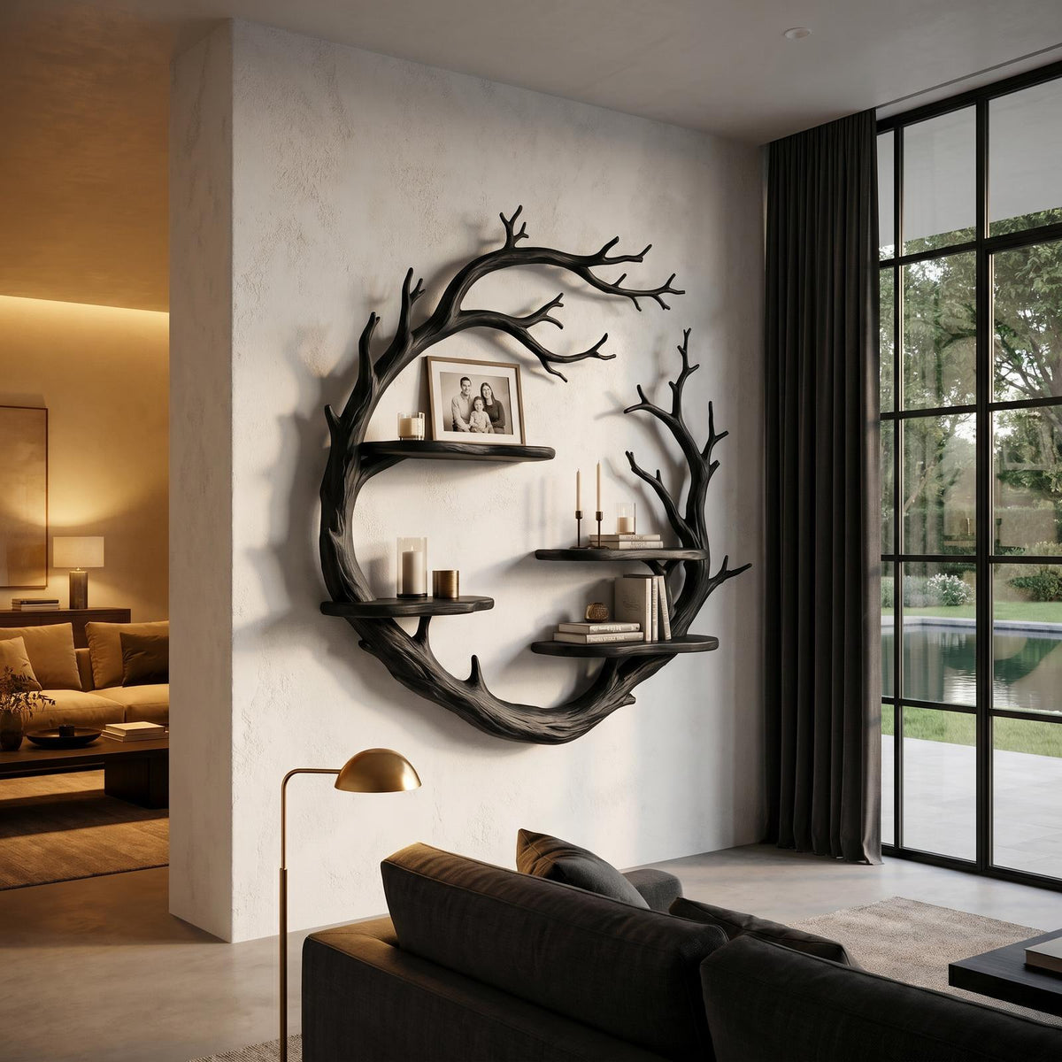 Contemporary Floating Shelf With Tree Branch Display Design For Living Room And Hallway SINLHAFL056
