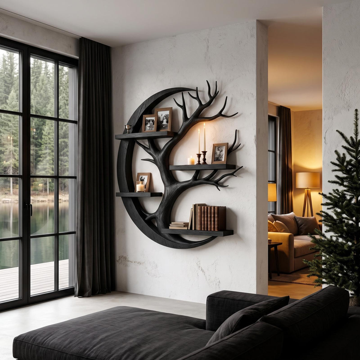 Rustic Floating Shelf With Tree Branch Wall Display For Living Room And Entryway