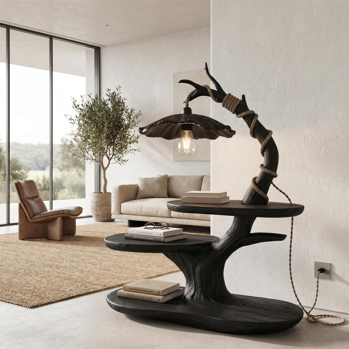 Sculptural Bedside Table with Tree Branch Lamp, Open Storage Shelves, Solid Wood Nightstand for Bedroom