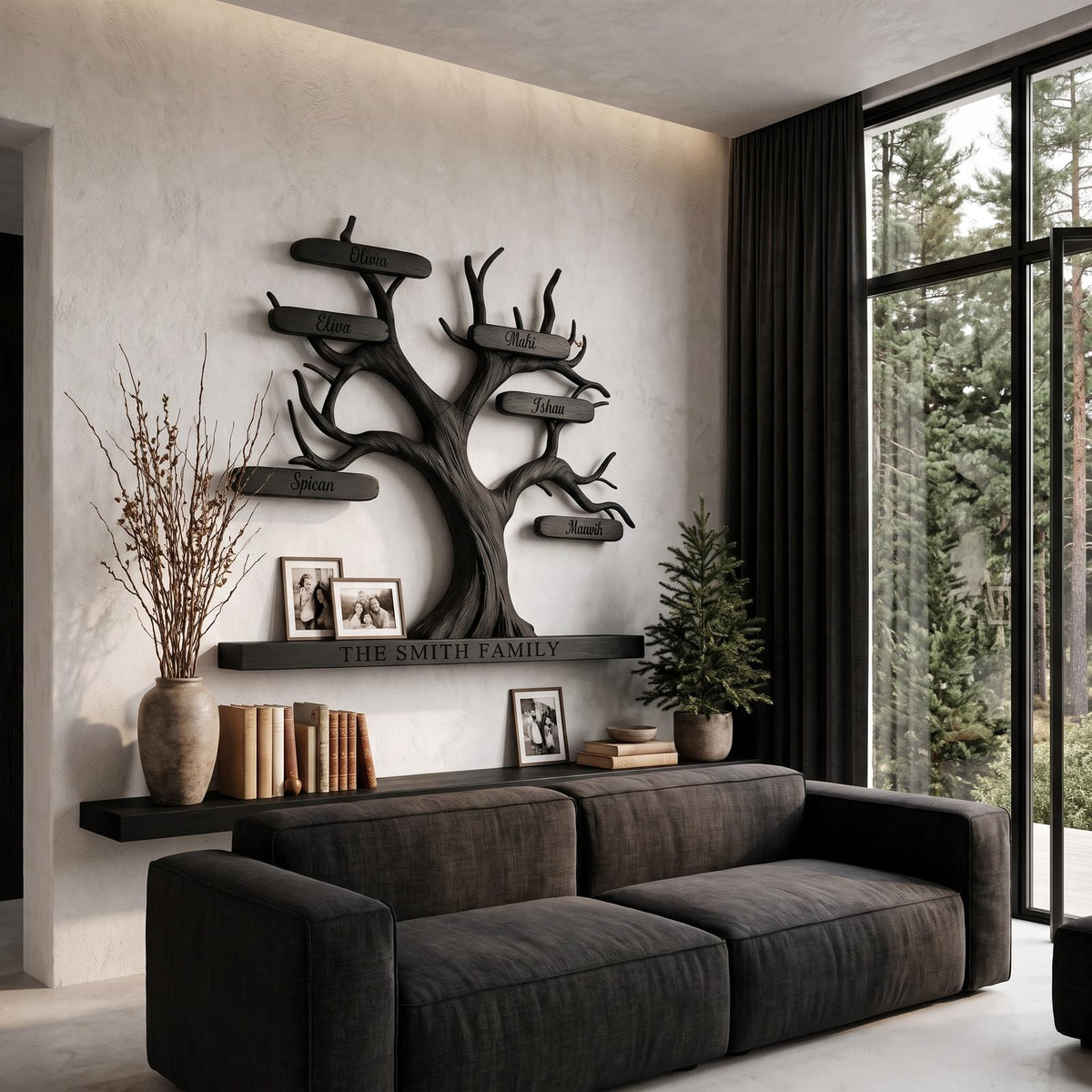 Organic Personalized Tree Wall Bookshelf With Custom Family Name For Living Room And Home Office