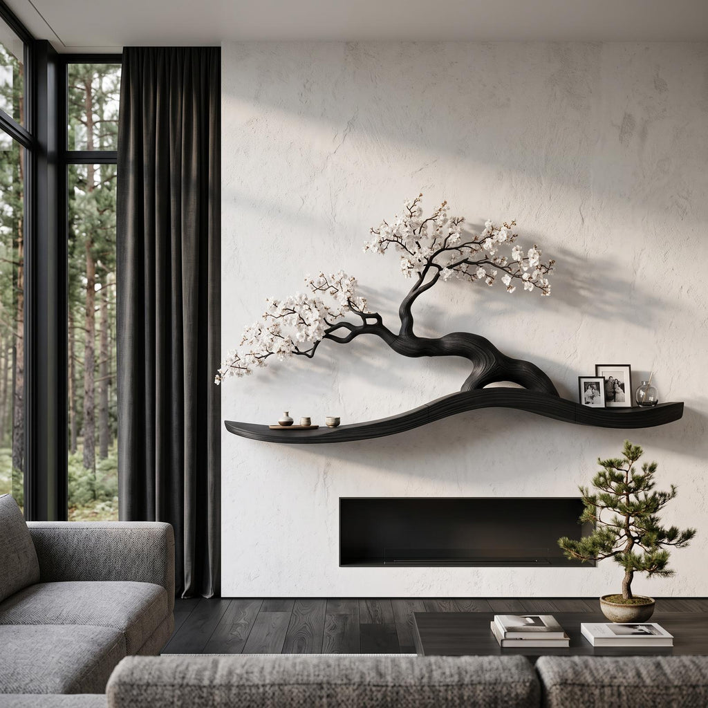 Organic Wall Mounted Shelf With Sculptural Tree Branch Design For Living Room And Bedroom