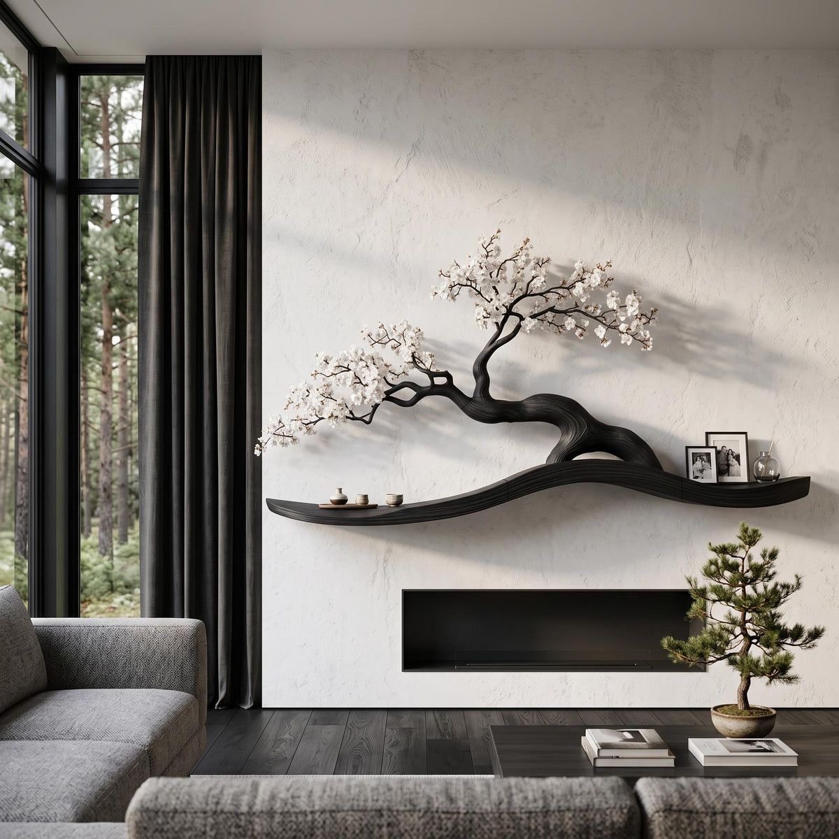 Organic Wall Mounted Shelf With Sculptural Tree Branch Design For Living Room And Bedroom