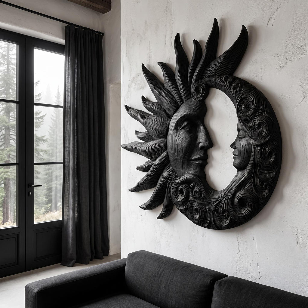 Organic Wood Wall Art With Carved Sun And Moon Design For Living Room And Bedroom