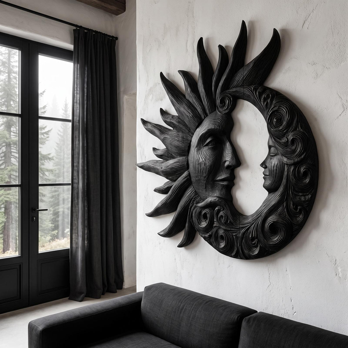 Organic Wood Wall Art With Carved Sun And Moon Design For Living Room And Bedroom