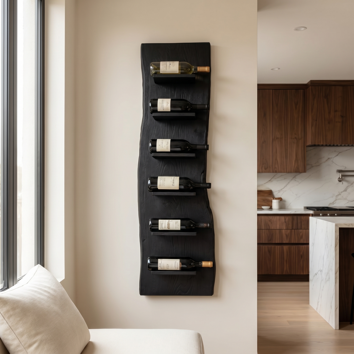 Organic Wall Mounted Wine Rack, Handcrafted Natural Wood Hanging Bottle Holder for Kitchen & Bar