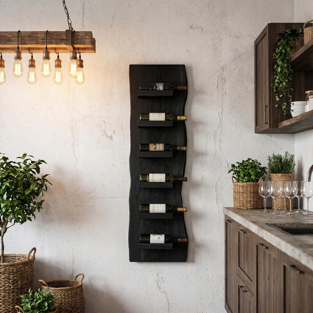 Rustic Wall Mounted Wine Rack, Vertical Solid Wood Bottle Holder & Storage Shelves for Kitchen & Dining
