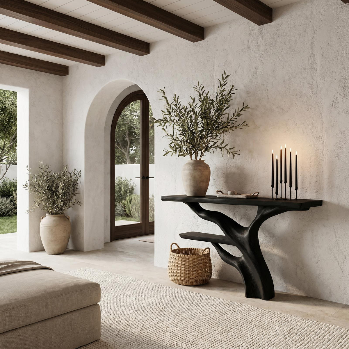 Sculptural Console Table, Abstract Tree Branch Wood Base & Solid Wood Top for Entryway & Foyer