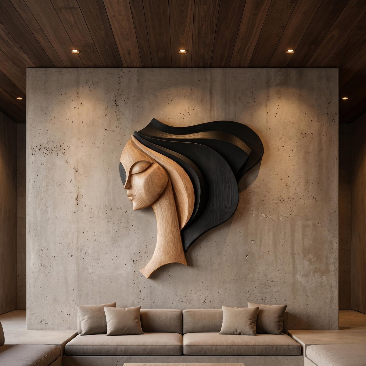 Spry Interior Abstract Female Face Wood Wall Art Sculpture, Handcrafted Geometric Portrait Panel for Living Room Decor, SINLHAWD068