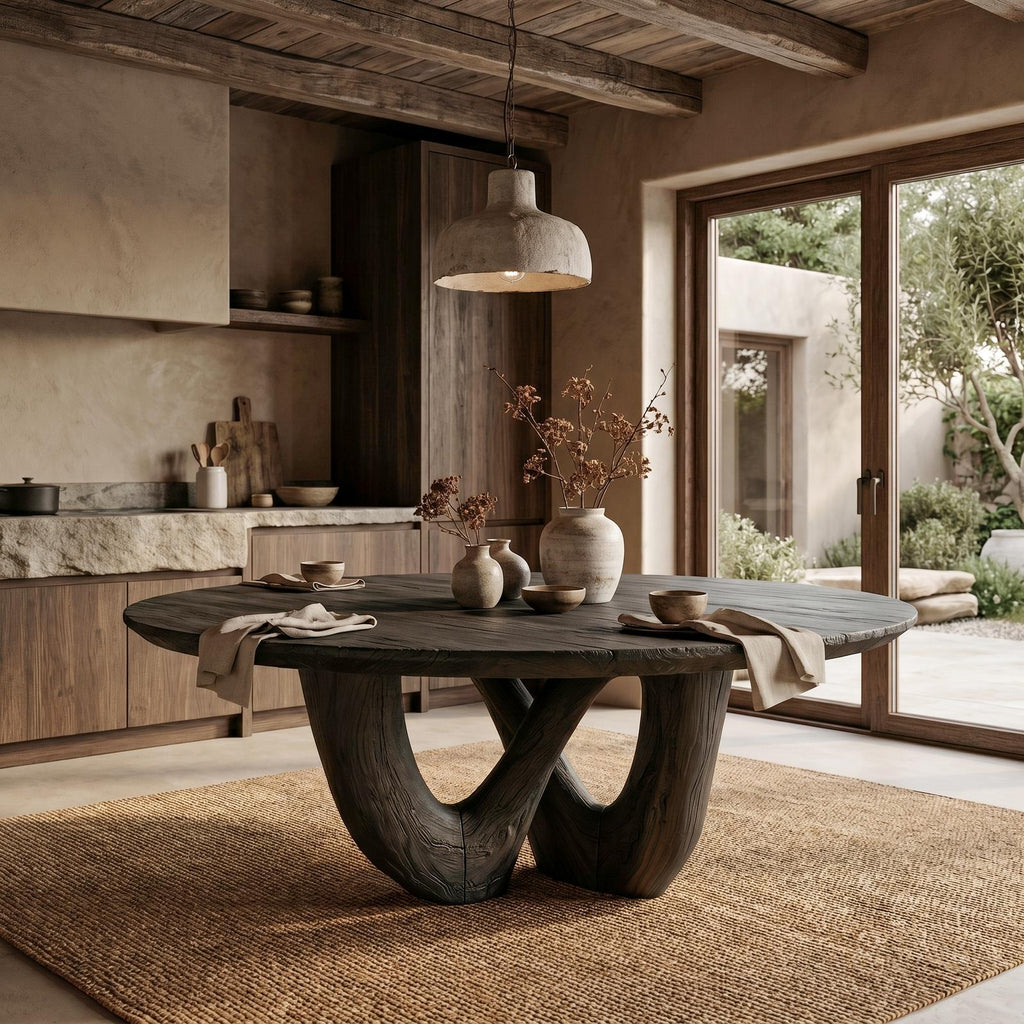 Sculptural Double Curved Base Dining Table, Handcrafted Solid Wood Dining Room & Kitchen Statement Table
