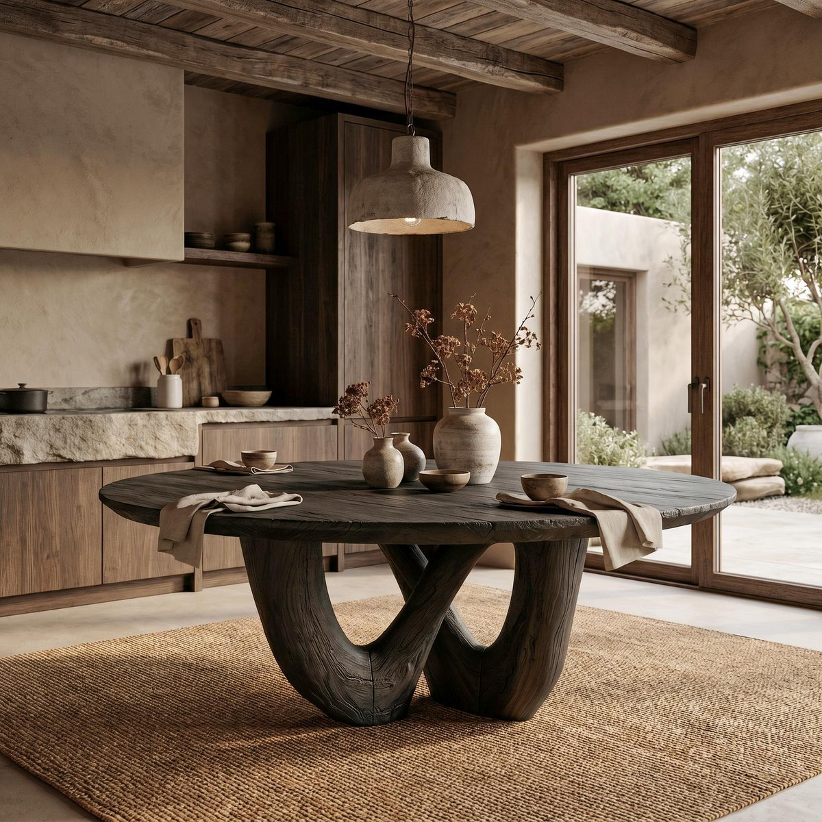 Sculptural Double Curved Base Dining Table, Handcrafted Solid Wood Dining Room & Kitchen Statement Table