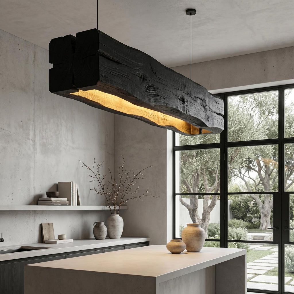 Organic Modern Pendant Light, Sculptural Wood Beam Hanging Ceiling Fixture for Kitchen Island & Living Room, Model