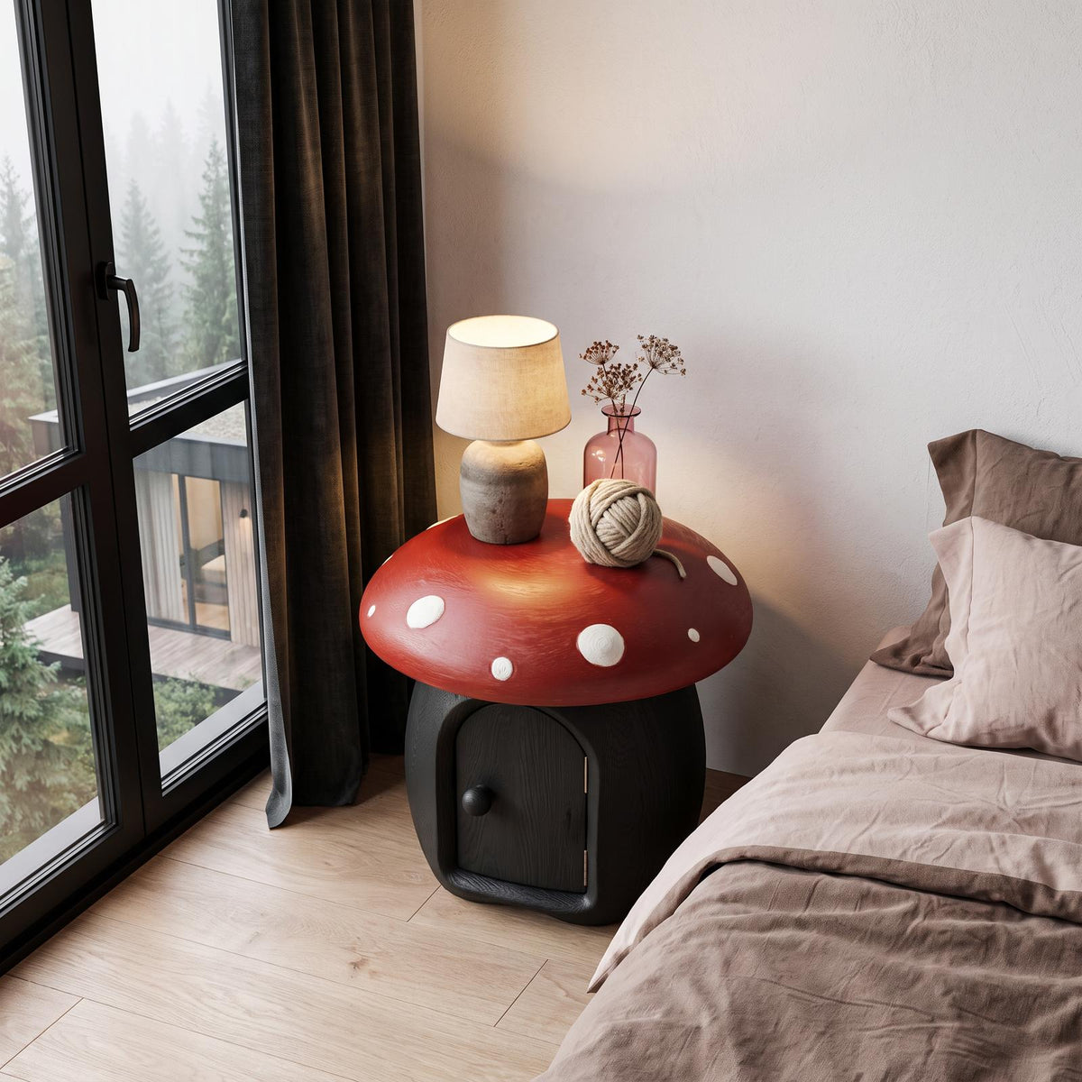 Whimsical Mushroom Bedside Table With Solid Wood Storage For Bedroom SINLHANS292