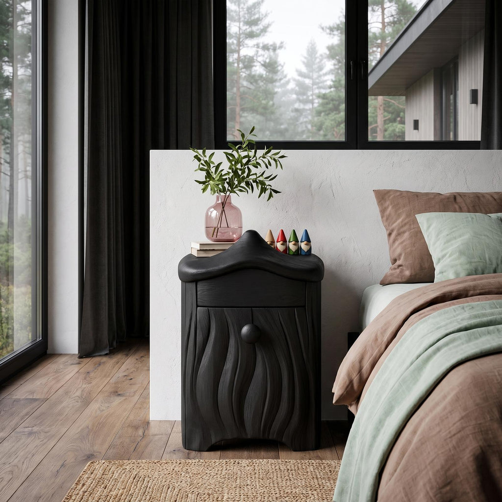 Minimalist Solid Wood Bedside Table With Artistic Door Design SINLHANS293