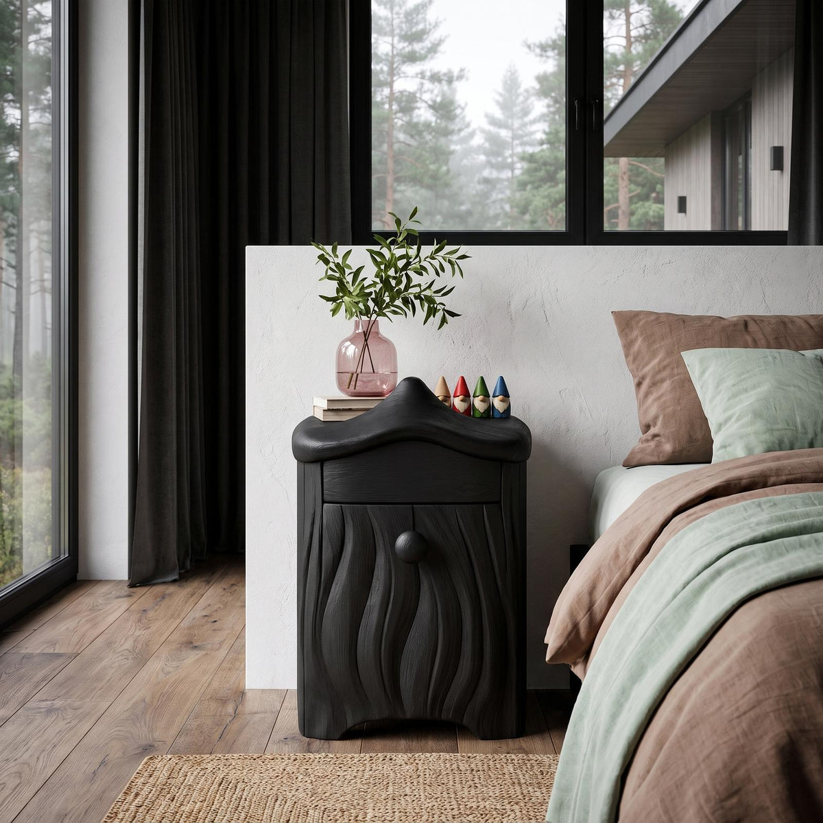 Minimalist Solid Wood Bedside Table With Artistic Door Design SINLHANS293