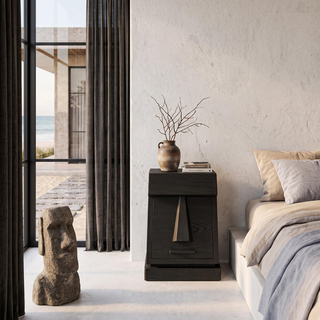 Rustic Solid Wood Bedside Table With Geometric Wooden Door SINLHANS294