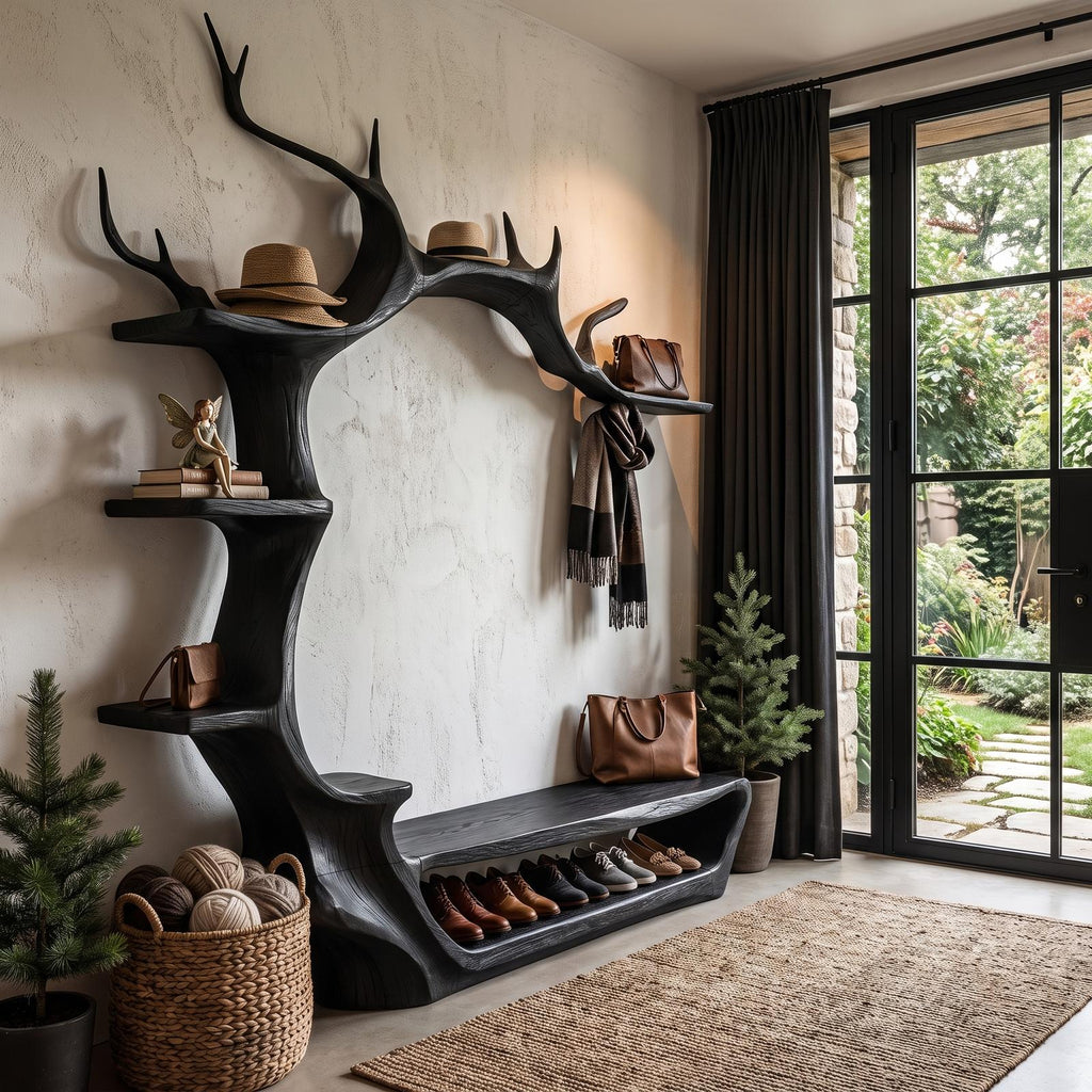 Rustic Tree Shoe Bench Wall Mounted Coat Rack For Entryway Hallway