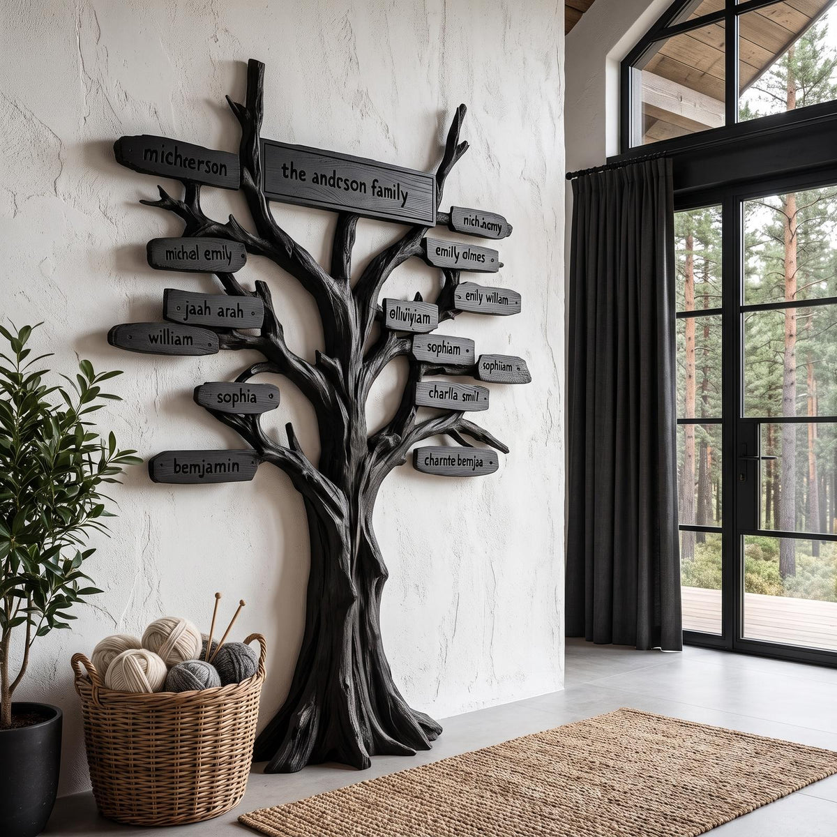 Contemporary Family Tree Wall Art With Custom Name Plaques For Entryway And Foyer