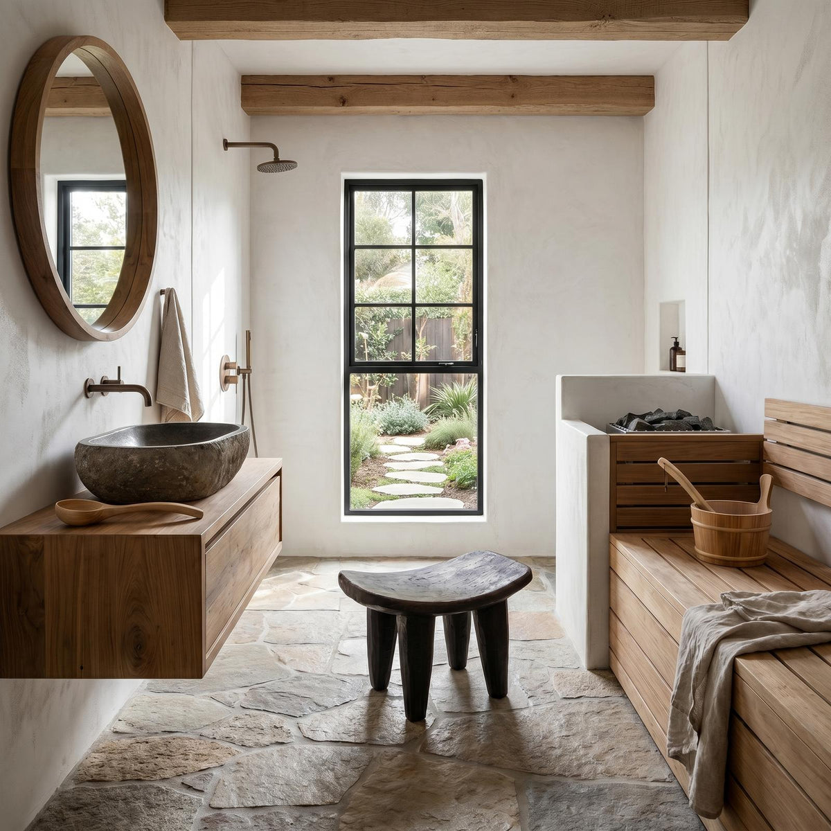 Rustic Solid Wood Stool, Artistic Sculptural Side Table and Waterproof Bath Seat for Luxury Bathroom and Living Room