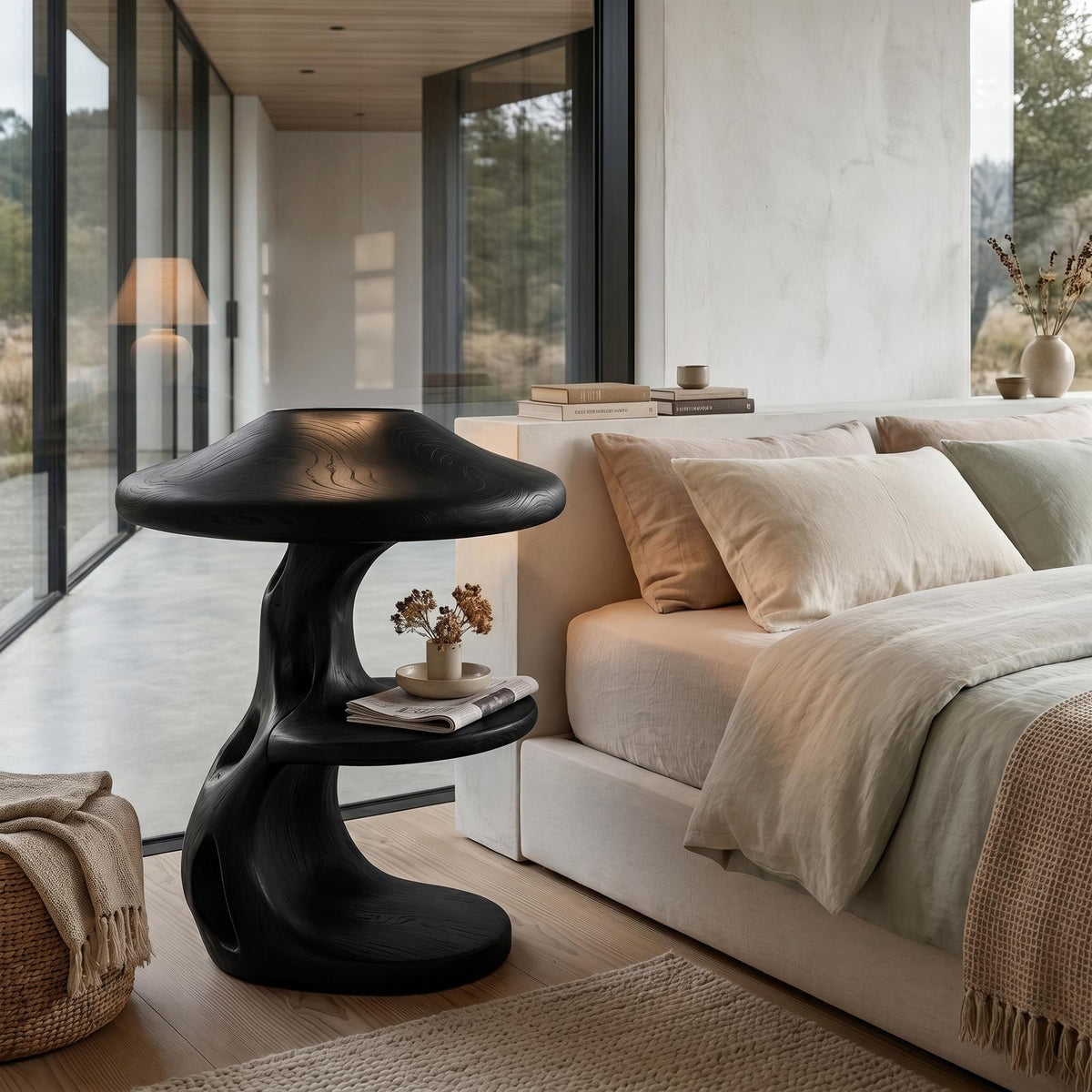 Spry Interior Rustic Mushroom Nightstand with Sculptural Tree Root Base & Built-in Drawer, Unique Solid Wood Bedside Table, SINLHABT260