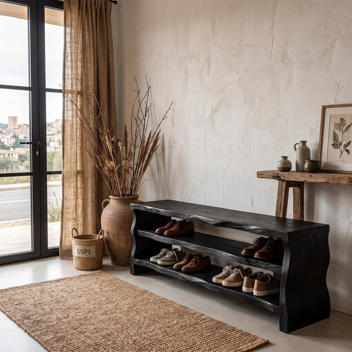 Live Edge Shoe Bench Open Storage Organizer For Entryway Hallway